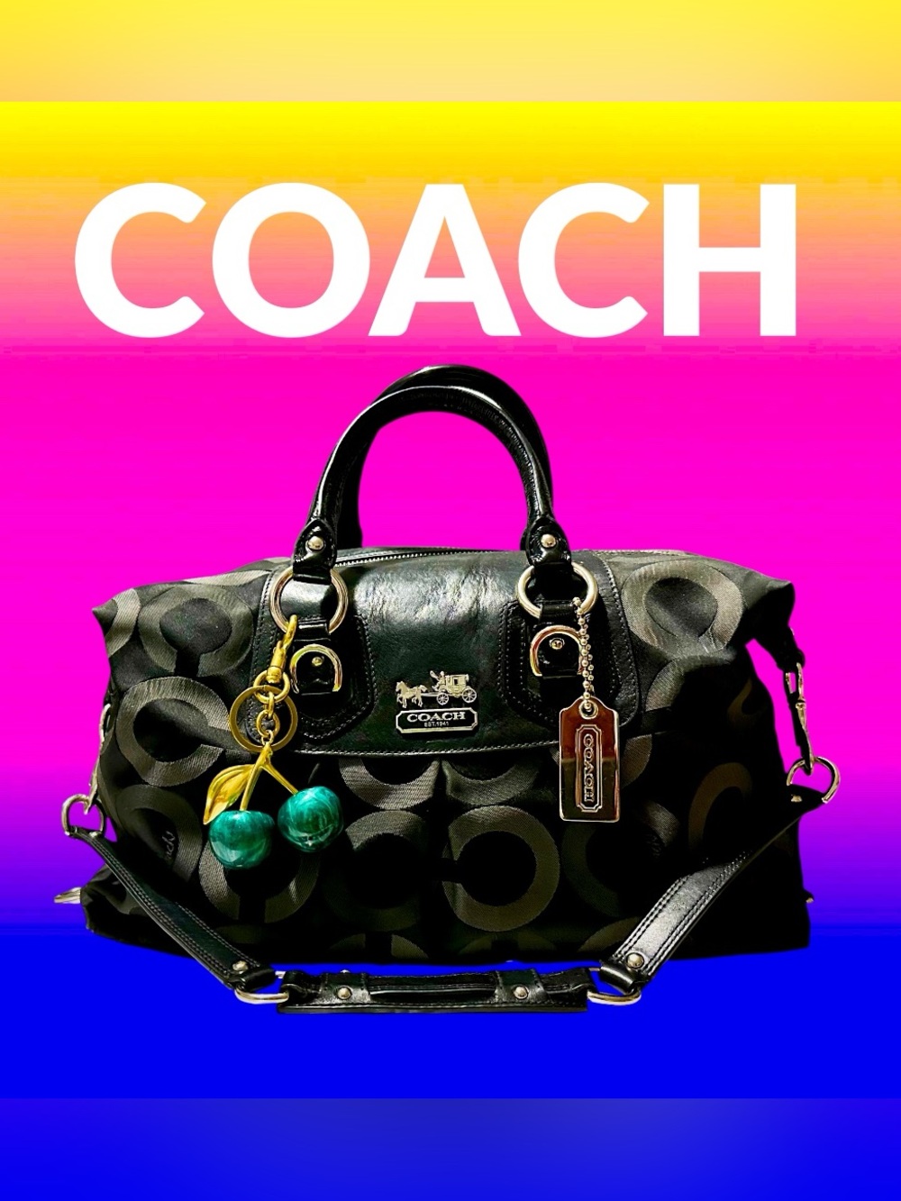 Vintage Coach soho shoulder Bag Black Signature Satchel with Green Cherry Charm - Picture 3 of 17